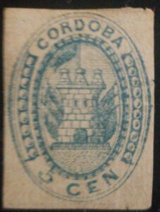 V. eb O) 1858 CORDOBA - ARGENTINA, ARMS OF CORDOBA SC 1 5c blue - PRINTED