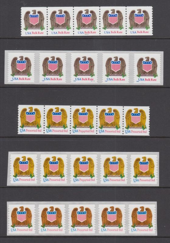 US Sc 2604/3271 MNH. 1996-1998 Plate Coil Strips of 5, 5 different, VF