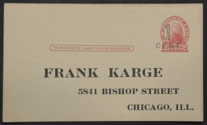 1920 US Sc. #UX33 (S45-9 Chicago surcharge) unused, preprinted card, fair shape