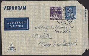 DENMARK 1950 40ore + 10ore aerogramme used commercially to New Zealand......6754