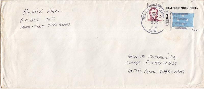 Caroline Islands Micronesia 2c Duperrey on 20c Four-Star Flag Envelope 1985 T...