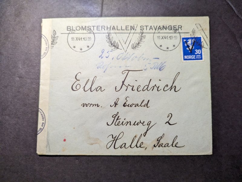 1941 Censored Norway Cover Stavanger to Steinweg Halle Saale Germany