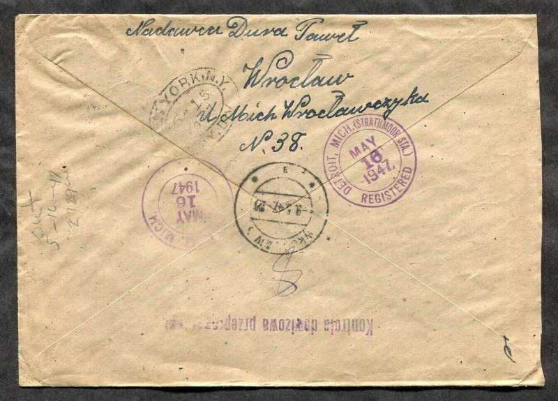 p135 - POLAND 1947 Registered Cover to USA. CURRENCY CONTROL, Customs Censored