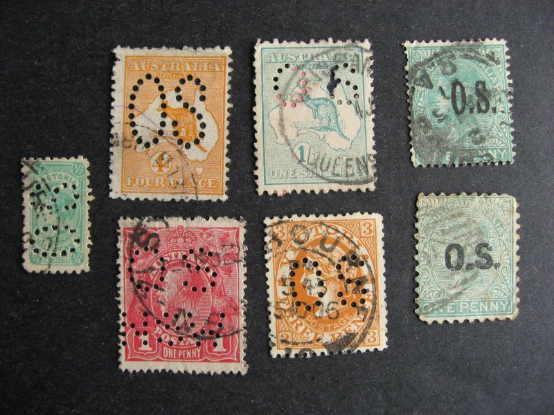 South, Australia, Victoria perfins 7 different official OS mixed cond see pics