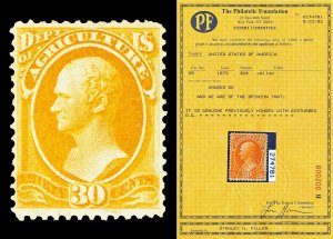 Scott O9 1873 30c Agriculture Official Mint Fine OG Cat $550 with PF CERT