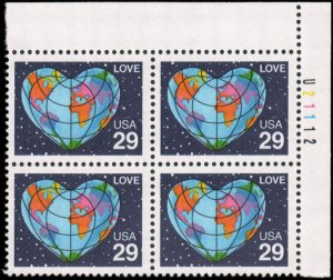 1991 Love Heart Shaped Globe Plate Block of 4 29c Stamps, Sc# 2535, MNH, OG