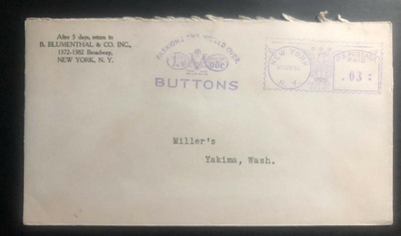 1942 New York USA Meter Cancel cover To Yakima Wa Blumenthal Co