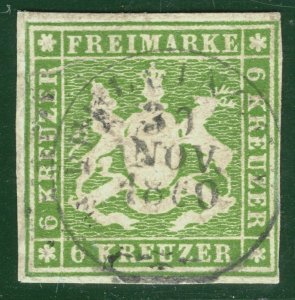 Germany States WÜRTTEMBERG Scott.16 6kr Super 1860 CDS Used Cat $125+ OGREEN124