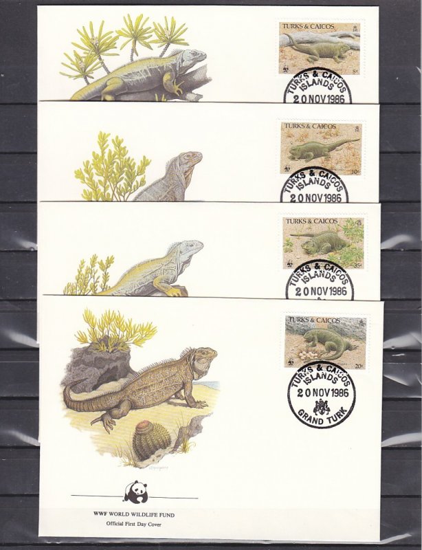 Turks & Caicos, Scott cat. 710-713. WWF-Iguanas on 4 First Day Covers. ^