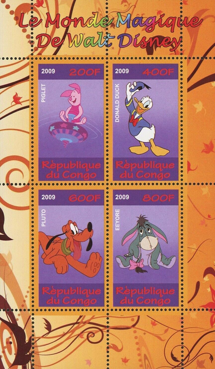 Walt Disney Stamp Magic World Pluto Piglet Eeyore Donald Souvenir Sheet