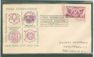 US 778c 1936 3c Michigan imperf cut from the Farley Tipex (Third international Philatelic Exhibition) mini-sheet on an addressed