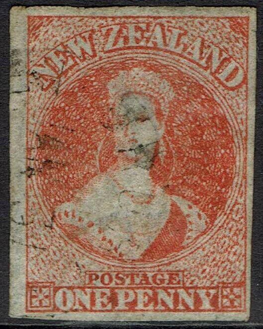 NEW ZEALAND 1862 QV CHALON 1D WMK LARGE STAR IMPERF USED 