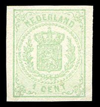 Netherlands #19var (NVPH 15v) Cat€200, 1869 1c green, imperf., very lightly...