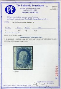 MOMEN: US STAMPS #6 IMPERF POS 91L4 USED PF CERT XF APP. LOT #96007