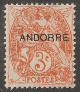 Andorra, stamp, Scott#3,  mint, hinged,  3, cent,