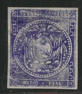 ECUADOR Scott 2 MH* 1865 four margin copy CV$40