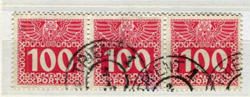 AUSTRIA; 1908 early Postage Due issue fine used STRIP of 100h. value