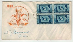 Farnam 1946 FDC IOWA STATEHOOD 942 POSTMASTER W J BARROW SIGNED