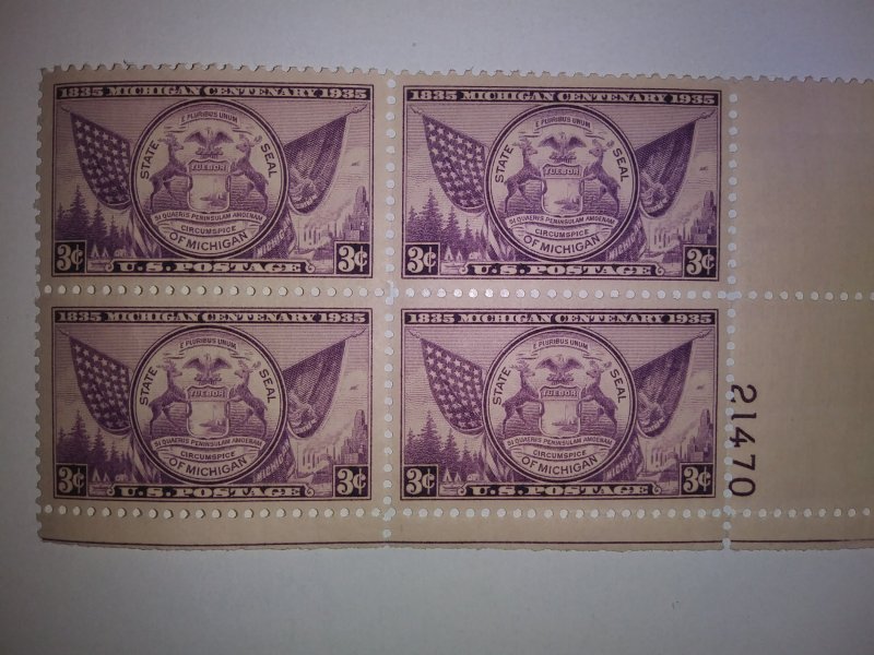 SCOTT # 775 MICHIGAN PLATE BLOCK MINT NEVER HINGED 1936