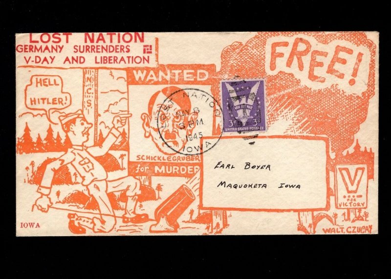Patriotic WWII VE DAY Hell Hitler All Over Lost Nation Iowa May 8 1945 Cover 3