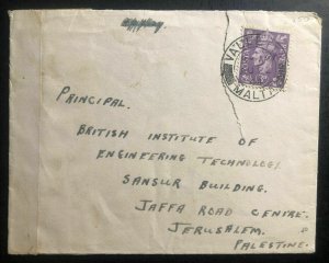 1944 Valletta Malta Censored Cover To Technology Institute Jerusalem Palestine