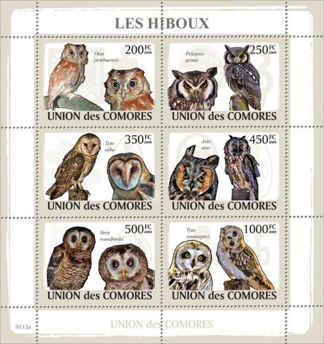 COMORES 2009 SHEET OWLS HIBOUX EULEN BUHOS CORUJAS BIRDS AVES PASSAROS cm9113a