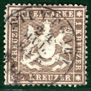 Germany States WÜRTTEMBERG Scott.23 1kr Brown (1861) CDS Used c$275+ PURPLE177