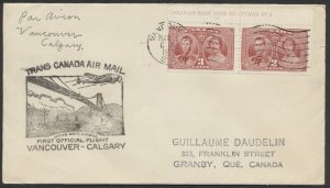 1939 Vancouver to Calgary Flight Cover MAR 1 #237 Plate Pair #3903aj