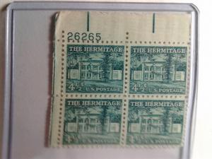 SCOTT # 1037 FOUR AND ONE HALF CENT HERMITAGE PLATE BLOCK GEM MINT NEVER HINGED