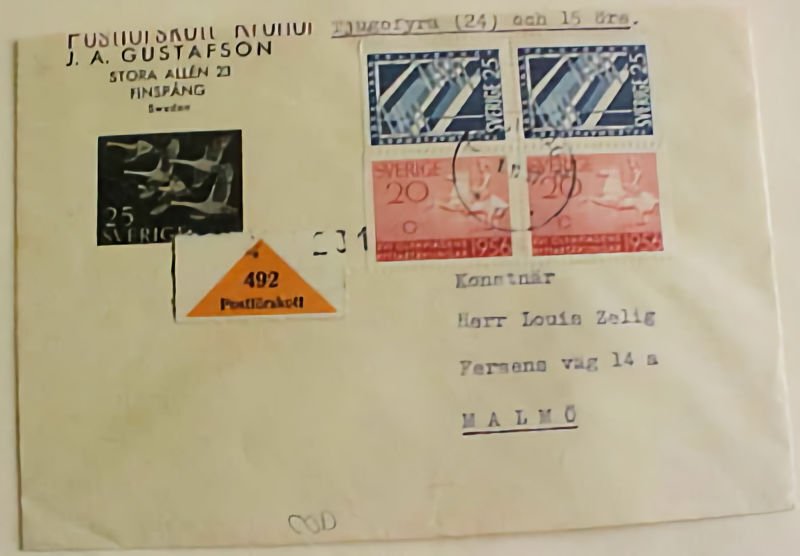 SWEDEN  COD TRAINGLE LABLE 1957 FINSPANG TO MALMO