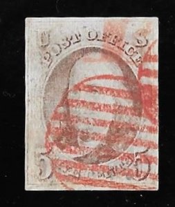 #1  1 cent Franklin, SUPERB RED GRID CANCEL  Stamp used EGRADED VF-XF 85