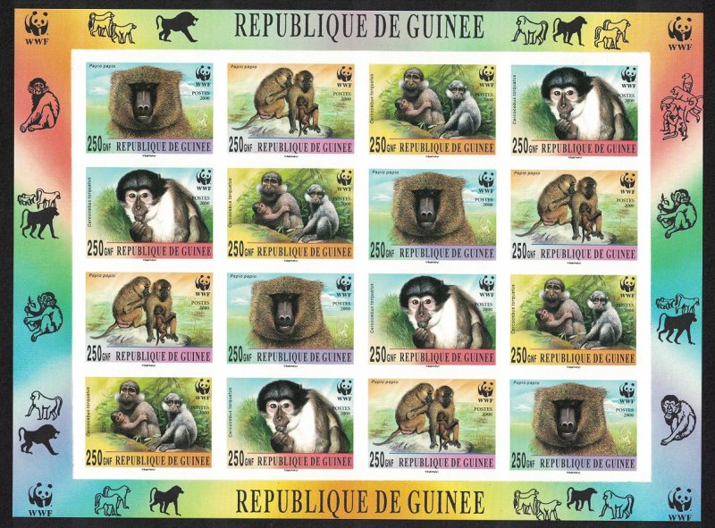 Guinea WWF Mangabey and Baboon Imperforated Sheetlet of 4 sets