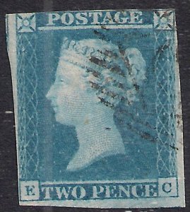 GB 1841 – 51 QV 2d Blue ( E & C ) Victoria Imperf Fine Used SG 14 ( M119 )