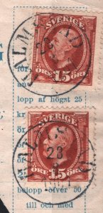 SWEDEN Money Order Receipt *HALMSTAD* 1901 CDS Piece 15o Stamps Used SS3898