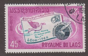 Laos 140 Addressed Envelope Carrier Pigeon, Globe and Hand with Quill Pen 1966