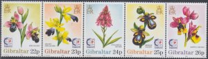 GIBRALTAR Sc # 685a-e CPL MNH STRIP of 5, VARIOUS FLOWERS, SINGAPORE '95 EXHIBIT