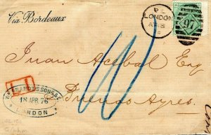 GB LATE FEE 1d Paid ARGENTINA MAIL Cover London 1s Rate 1876 Buenos Aires L27a