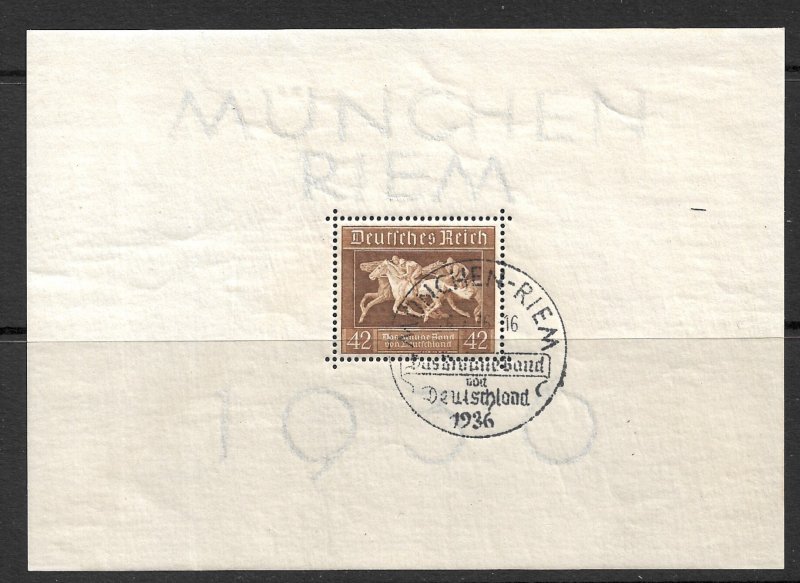 GERMANY 1936 Brown Ribbon Horse Race Souvenir Sheet Sc B90 USED