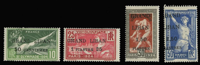 Lebanon #18-21 Cat$100, 1924 Grand Liban Surcharges, set of four, hinged