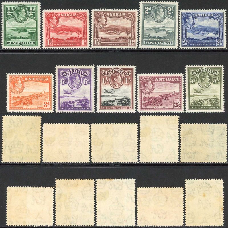 Antigua SG98/107 KGVI 1938-51 Part Set of 10 Wmk Mult Script CA M/M