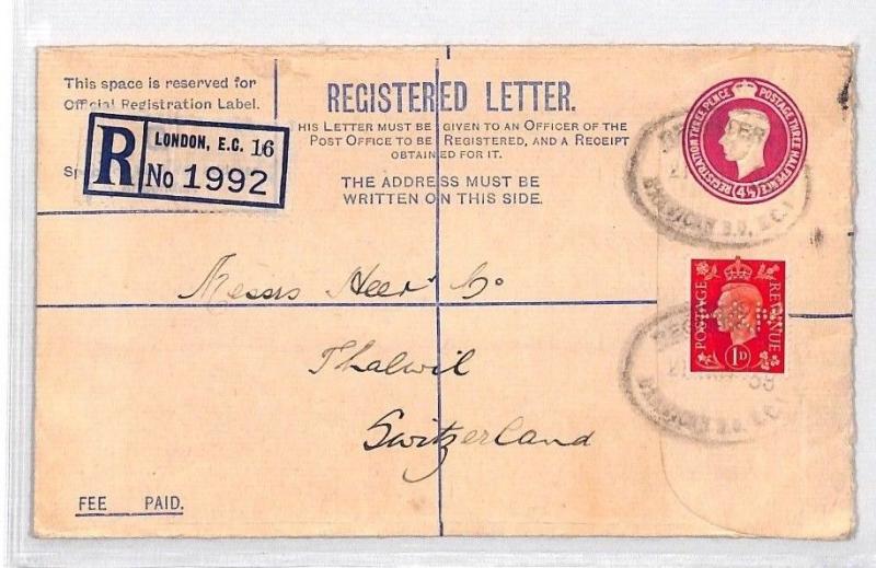 GB London Registered Letter Postal Stationery Cover PTS 1939 BU334