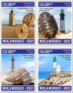Mozambique - 2021 Seashells and Lighthouses - Set of 4 Stamps - MOZ210302a