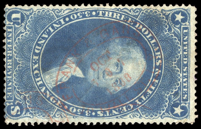 01372 U.S. Revenue Scott R87c $3.50 Inland Exchange, red 1868 handstamp cancel