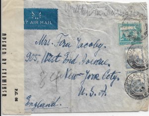 Jerusalem, Palestine to New York, NY 1943 Airmail Censor Tape Ty 8, Sc 4 (C5599)