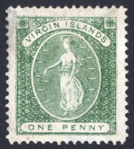 Virgin Is 1878 1d Green Perf 14 Wmk CC UPRIGHT SG 22b Sc 9 LMM/MLH Cat£95($124)