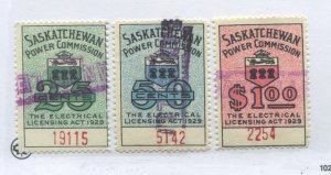 1929 Saskatchewan Power Commission stamps 25 and 50 cents, and $1 used