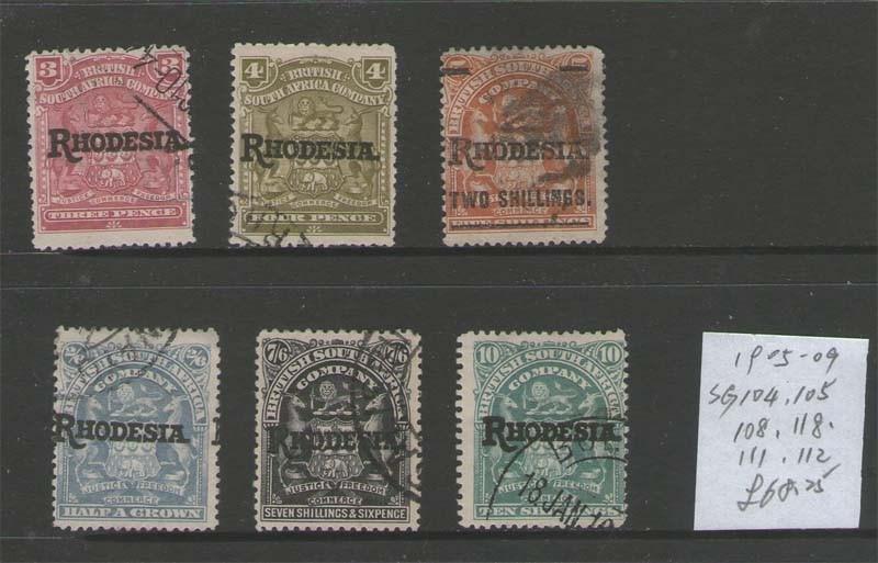 Rhodesia 1905-09 SG 104,105,108,118,111,112 FU Cat £68