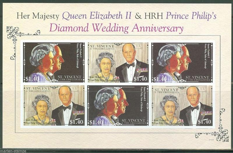 ST. VINCENT GRENADINES DIAMOND WEDDING ANNIVERSARY QE II  SHEET SC#3575 IMPFNH