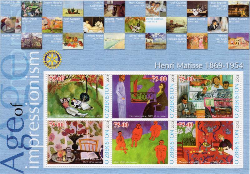 Uzbekistan 2002 ROTARY INTERNATIONAL/HENRI MATISSE (1869-1954) Sheetlet (6) MNH