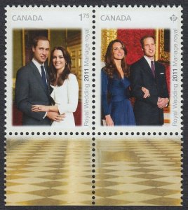 REVERSED PAIR with  LOWER MARGIN = ROYAL WEDDING = Canada 2011 #2465a MNH